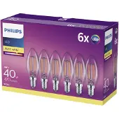 Philips - LED-glödlampa med filament - form: B35 - klar finish - E14 - 4 W (motsvarande 40 W) - klass F - varmt vitt ljus - 2700 K (paket om 6)