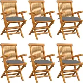 vidaXL Trädgårdsstolar med gråa dynor 6 st massiv teak
