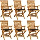 vidaXL Trädgårdsstolar med svarta dynor 6 st massiv teak
