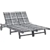 vidaXL Solsäng för 2 med dyna grå massivt akaciaträ