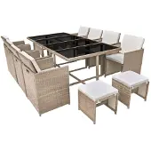 vidaXL Matgrupp för trädgården med dynor 13 delar konstrotting beige