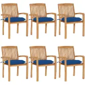vidaXL Stapelbara trädgårdsstolar med dynor 6 st massiv teak