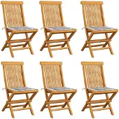 vidaXL Trädgårdsstolar med dynor grått rutmönster 6 st massiv teak