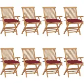 vidaXL Trädgårdsstolar med vinröda dynor 8 st massiv teak