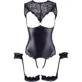 Cottelli Bondage - öppen body med handbojor - glänsande svart - L
