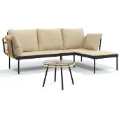 vidaXL Loungegrupp för trädgården med beige dynor 3 delar konstrotting