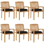 vidaXL Stapelbara trädgårdsstolar med dynor 6 st massiv teak