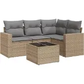vidaXL Soffgrupp för trädgården med dynor 5 delar beige konstrotting