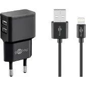 Goobay - Strömadapter - 12 Watt - 2.4 A - 2 utdatakontakter (USB) - på kabel: Lightning - svart - Europa