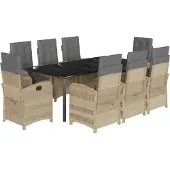 vidaXL Matgrupp för trädgården med dynor 9 delar mixbeige konstrotting