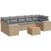 vidaXL Matgrupp för trädgården med dynor 8 delar beige konstrotting