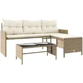 vidaXL Trädgårdssoffa med bord och dynor L-formad beige konstrotting