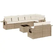 vidaXL Soffgrupp för trädgården med dynor 9 delar beige konstrotting