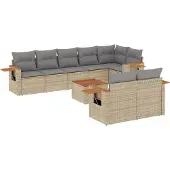 vidaXL Soffgrupp för trädgården med dynor 9 delar beige konstrotting