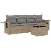 vidaXL Soffgrupp för trädgården med dynor 5 delar beige konstrotting