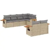 vidaXL Matgrupp för trädgården med dynor 7 delar beige konstrotting