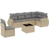 vidaXL Matgrupp för trädgården med dynor 7 delar beige konstrotting