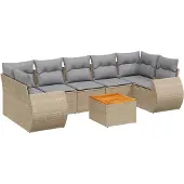 vidaXL Matgrupp för trädgården med dynor 8 delar beige konstrotting