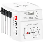 Skross Reseadapter 2-polig världsomspännande reseadapter med integrerad dubbel USB-laddare (1x USB C & 1 x USB) 65 watt strömförsörjning