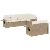 vidaXL Matgrupp för trädgården med dynor 7 delar beige konstrotting
