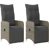 vidaXL Reclinerstolar för trädgård, set om 2 med grå kuddar i rotting, justerbar trädgårdsstol, reclinerstol 365702
