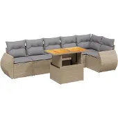 vidaXL Matgrupp för trädgården med dynor 7 delar beige konstrotting