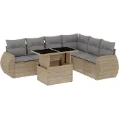 vidaXL Matgrupp för trädgården med dynor 7 delar beige konstrotting