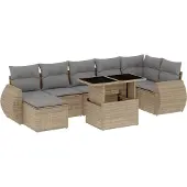 vidaXL Matgrupp för trädgården med dynor 8 delar beige konstrotting