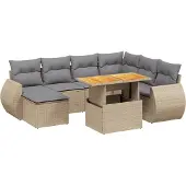 vidaXL Matgrupp för trädgården med dynor 8 delar beige konstrotting