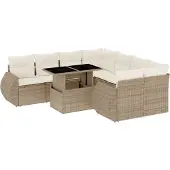 vidaXL Soffgrupp för trädgården med dynor 9 delar beige konstrotting