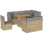 vidaXL Soffgrupp för trädgården med dynor 9 delar beige konstrotting