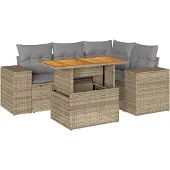 vidaXL Soffgrupp för trädgården med dynor 5 delar beige konstrotting