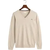 Gant för män. 8030562 Klassisk beige bomullspullover med V-ringning (S), Casual, Lång ärm