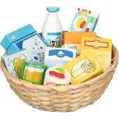 Goki - Toy shop miniatures in a basket, food and household goods