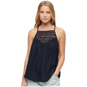 Superdry för kvinnor. W6011860A Linne med spets i marinblå färg (M), Casual, Viskos, Ärmlös / Hängselbyxor, Marino