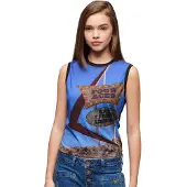 Superdry för kvinnor. W6011959A Linne med underprint i svart, blått (M), Casual, Bomull, Ärmlös / Hängselbyxor