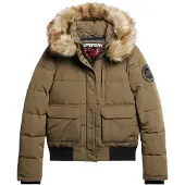 Superdry för kvinnor. W5011576A Everest grön quiltad bomberjacka med huva och huva (M), Casual, Polyester