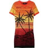 Desigual Palmlövstryck Mini Klänning Solnedgång Stickad Klänning