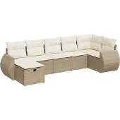 vidaXL Matgrupp för trädgården med dynor 7 delar beige konstrotting
