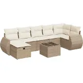 vidaXL Matgrupp för trädgården med dynor 8 delar beige konstrotting
