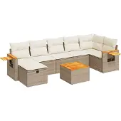 vidaXL Matgrupp för trädgården med dynor 8 delar beige konstrotting