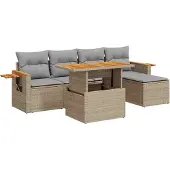 vidaXL Trädgårdssoffset med dynor 6 delar beige konstrotting akaciaträ