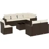 vidaXL Loungegrupp för trädgården med dynor 9 delar konstrotting brun