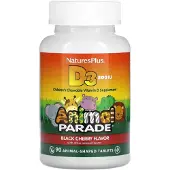 Natures Plus Source Of Life, Animal Parade, Vitamin D3, Naturlig Svart Körsbärssmak, 500 IE, 90 Djurformade Tabletter