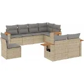 vidaXL Matgrupp för trädgården med dynor 8 delar beige konstrotting