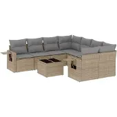 vidaXL Soffgrupp för trädgården med dynor 9 delar beige konstrotting