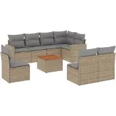 vidaXL Soffgrupp för trädgården med dynor 9 delar beige konstrotting