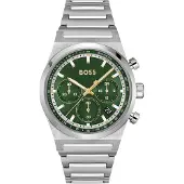 BOSS Green-dial chronograph watch in silver-tone steel