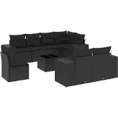 vidaXL Loungegrupp för trädgården med dynor 8 delar svart konstrotting