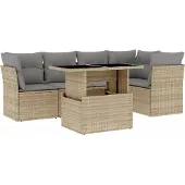 vidaXL Soffgrupp för trädgården med dynor 6 delar beige konstrotting